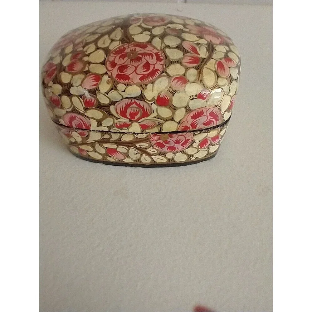 Kashmiri Hand Painted Vintage Trinket Ring Box India Folk Art Lacquered Finish